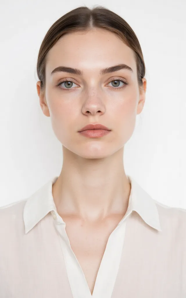 A French female model with a Dewy makeup style, wearing a shirt, against a white background, in a front   facing bust portrait